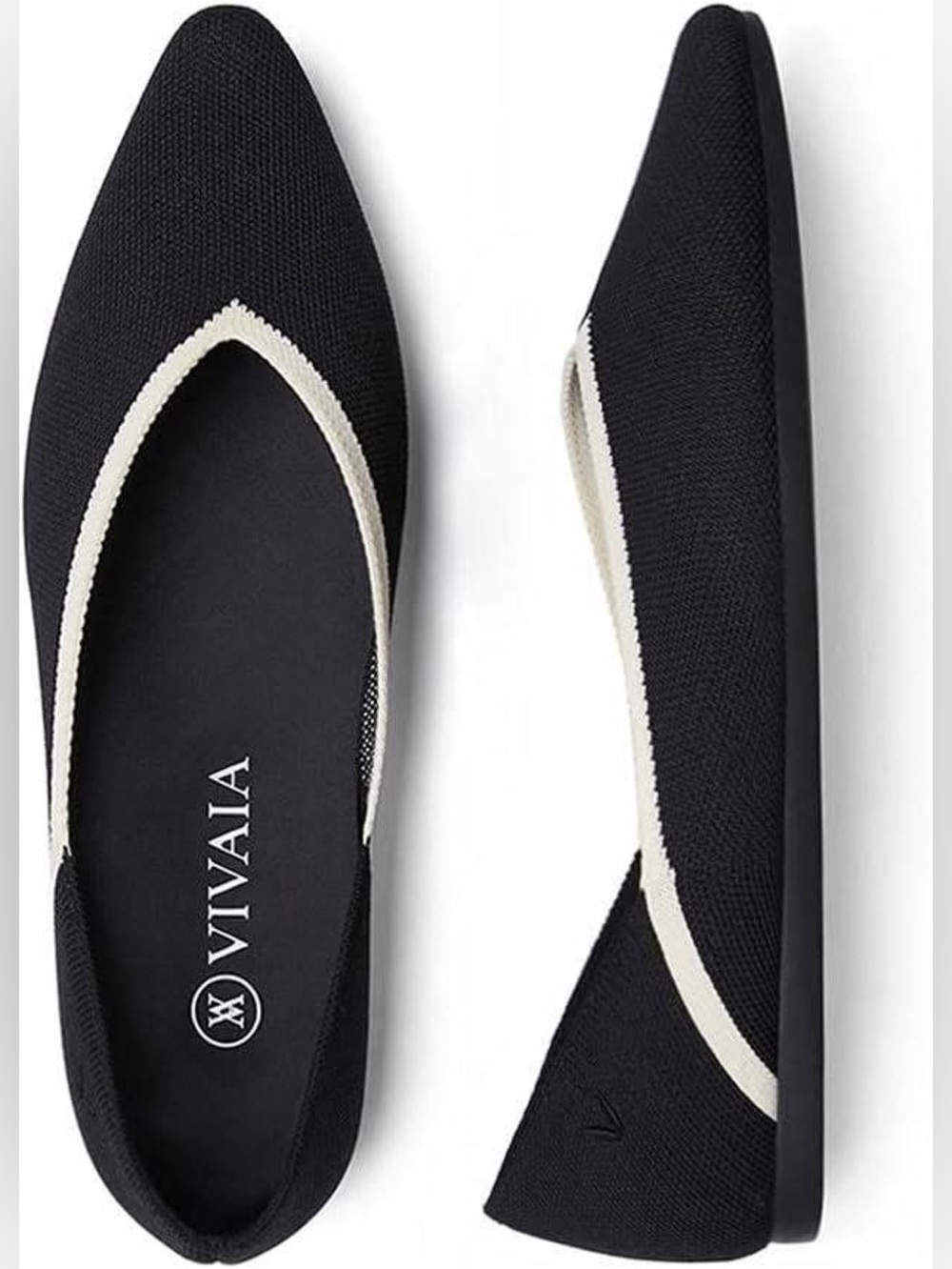 VIVAIA Black Pointed Toe Flats with Contrast Trim